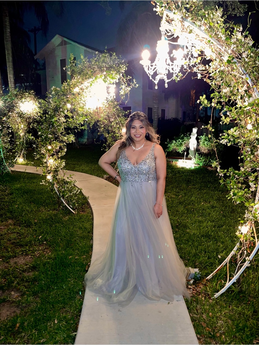 Beaded V-Neck Tulle Evening Gown in Light Silver-Blue